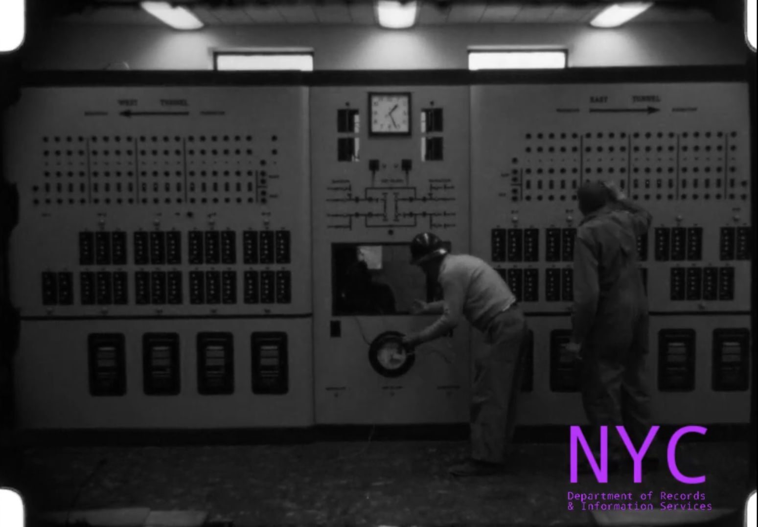 Screenshot from a video showing workers laying bricks inside the Brooklyn Battery Tunnel, followed by scenes of ballot counting and the interior of a bookmobile.