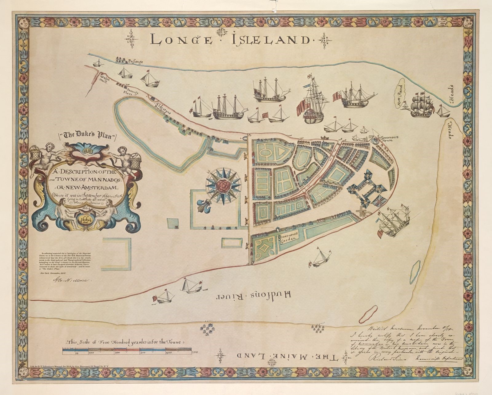 Colorful decorative map with ornate border that reads Longe Isleand on top. The map features large detailed ships at harbor and the outline of the city, The map uses green to denote garden areas and there is a prominent large compass rose in the center of the drawing.