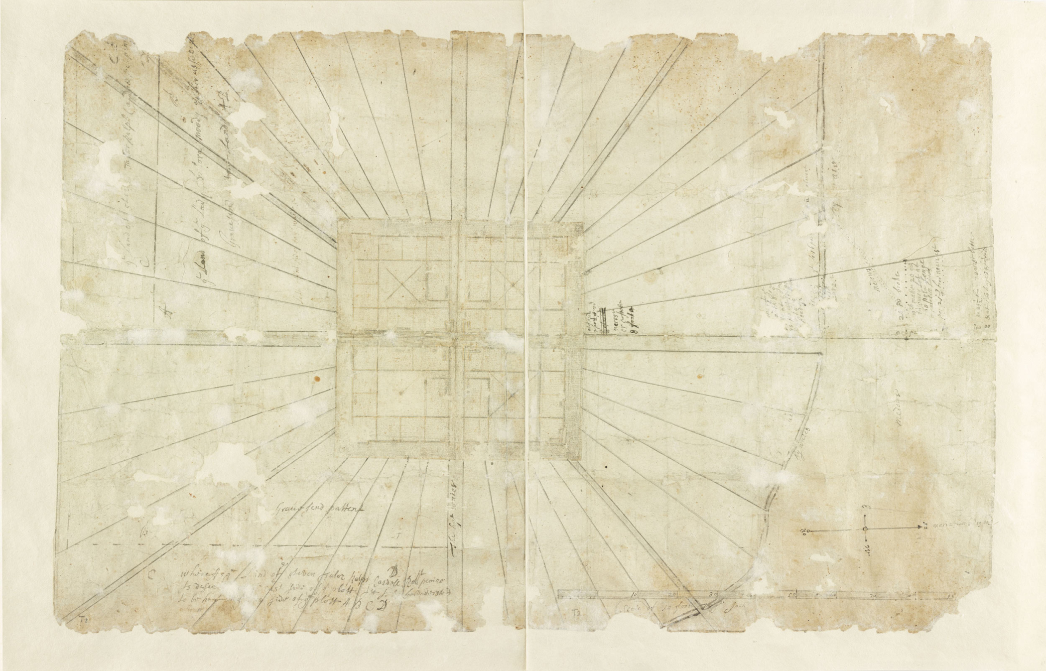Seventeenth century architectural drawing of town grid depicting a central square section surrounded by perspective lines. The central square section contains smaller squares and grid lines outlining smaller plots. The map contains various handwritten notations.