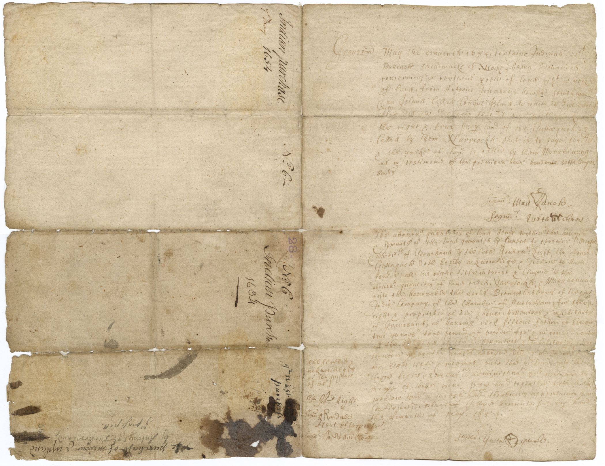 Two page handwritten document. The left page has a notation that reads 'Indian Purchase and the year 1654.' The right side provides details of the deed and signatures of parties and Native American marks.