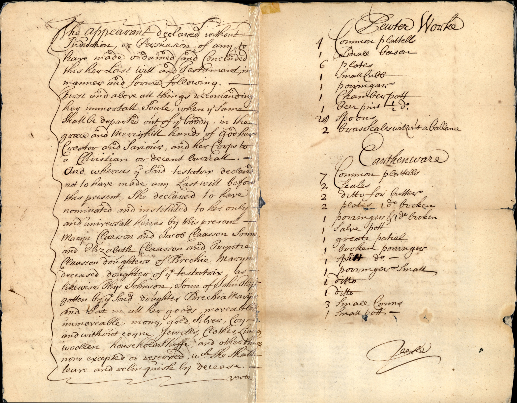 Two pages handwitten pages that show an inventory of belongings on the right side of the page.