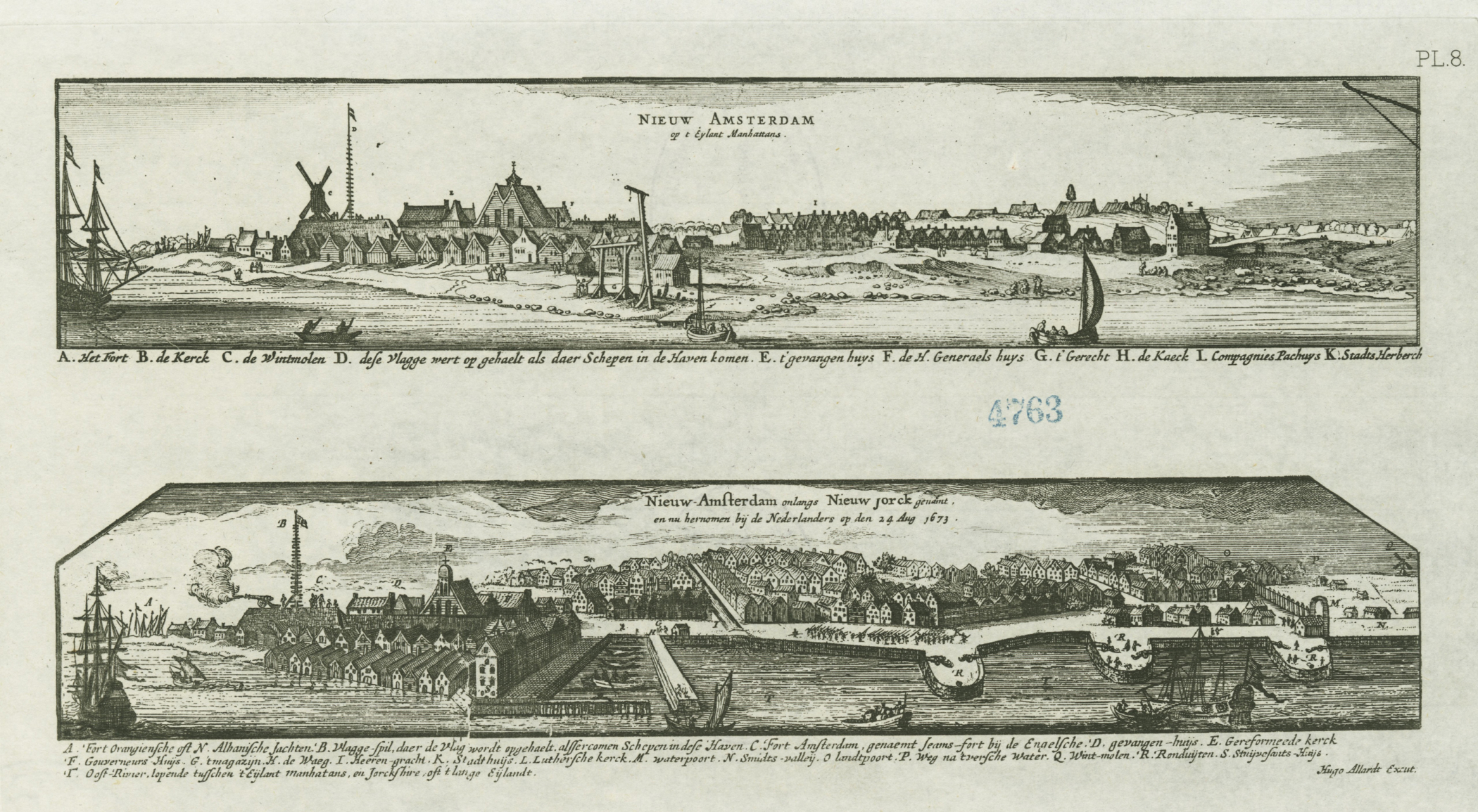 Full page print in book showing two illustrations of New Amsterdam. The top shows view of houses from the shore while the bottom illustration highlights an overview of the town along with the wharves and piers.