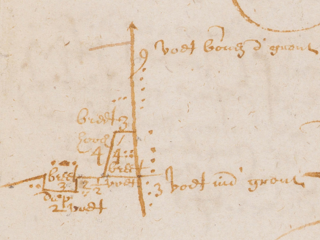 Document showing schematic of wall including measurements and notations written in Old Dutch.