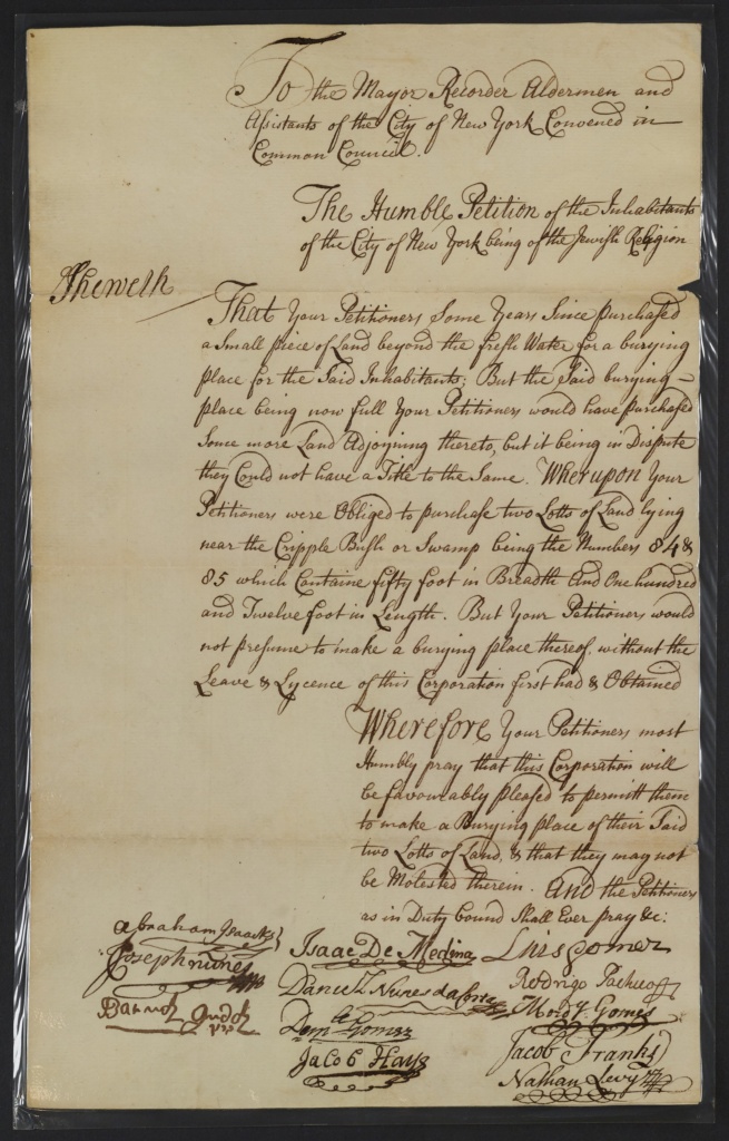 Handwritten petition addressed to the Mayor, Recorder and Aldermen asking to expand a Jewish burial ground. The document has several signatures at the bottom.