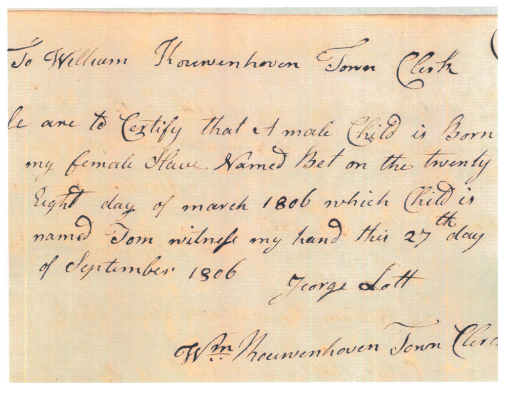 Handwritten statement, recorded by the town clerk, documenting the birth of a child to an enslaved woman