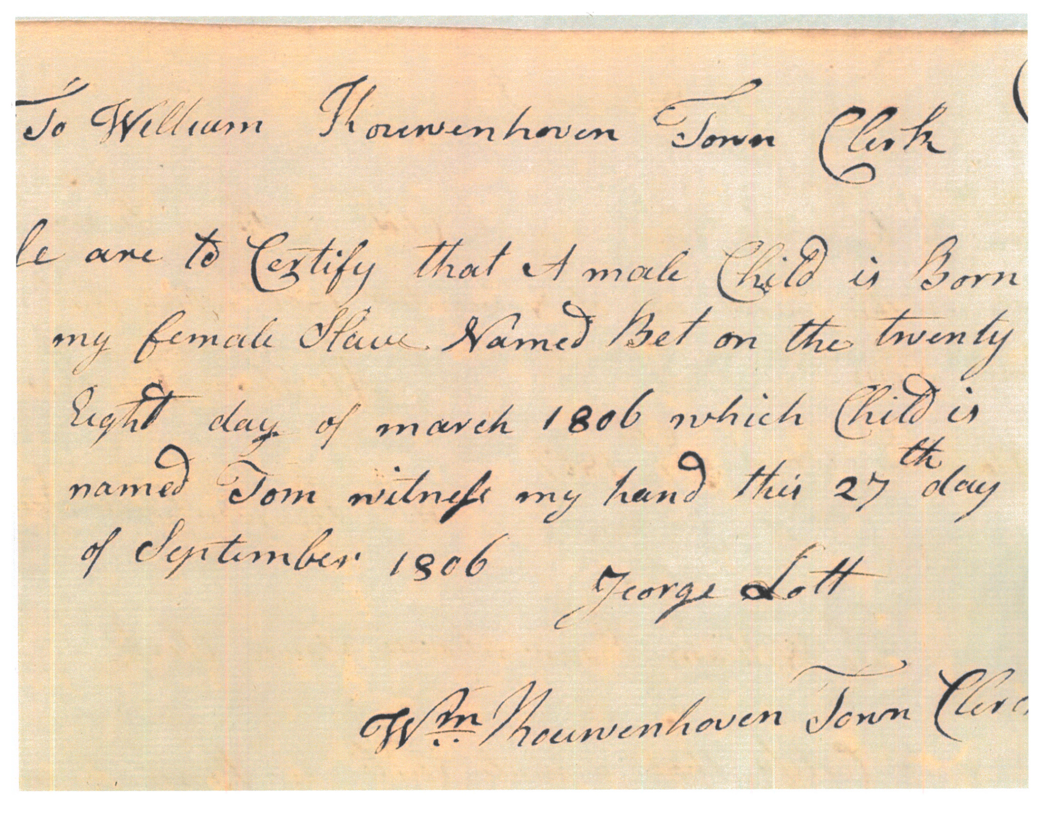 Handwritten statement, recorded by the town clerk, documenting the birth of a child to an enslaved woman