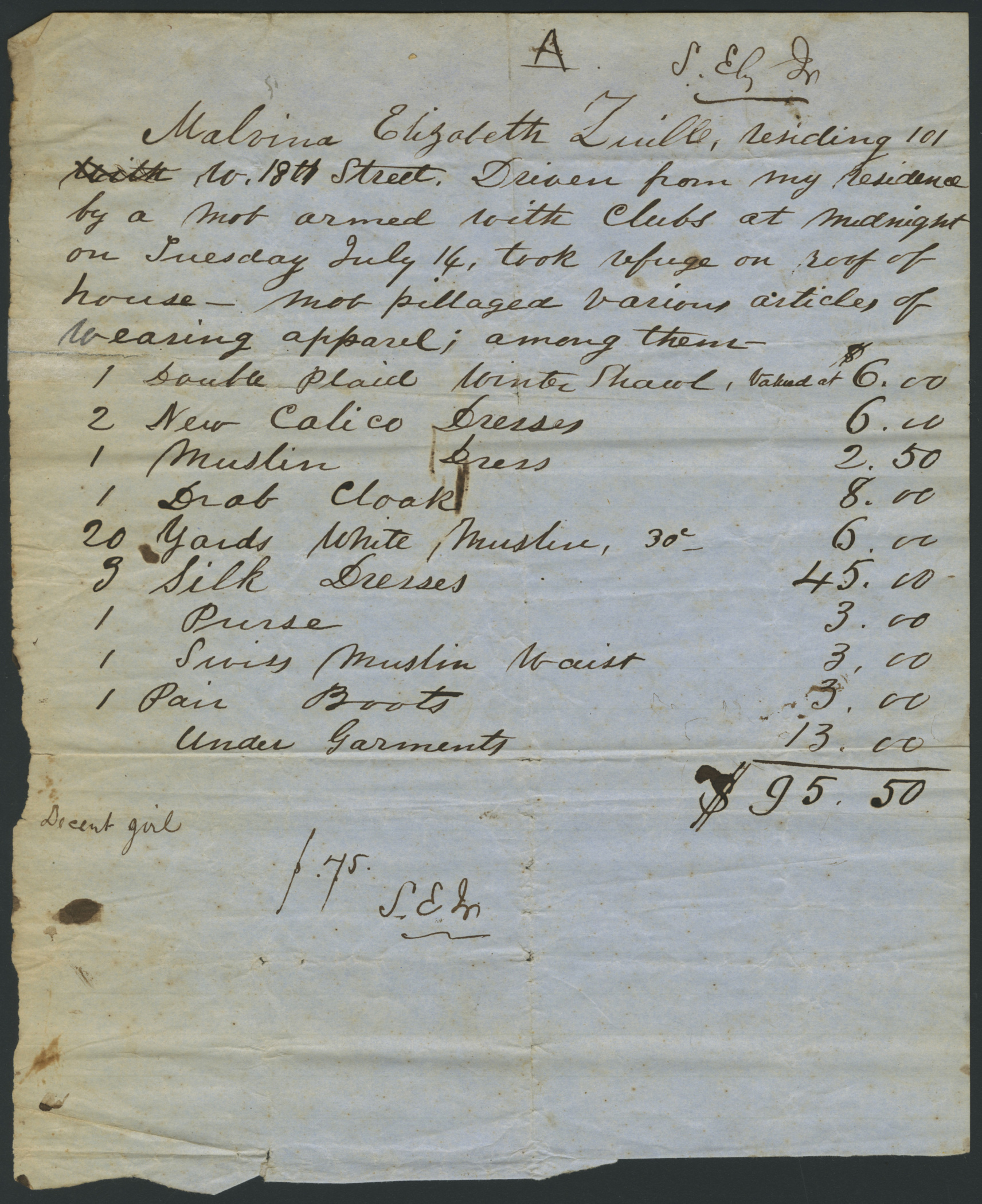 Handwritten claim document for Malvina Zuille including inventory and cost of damaged property.