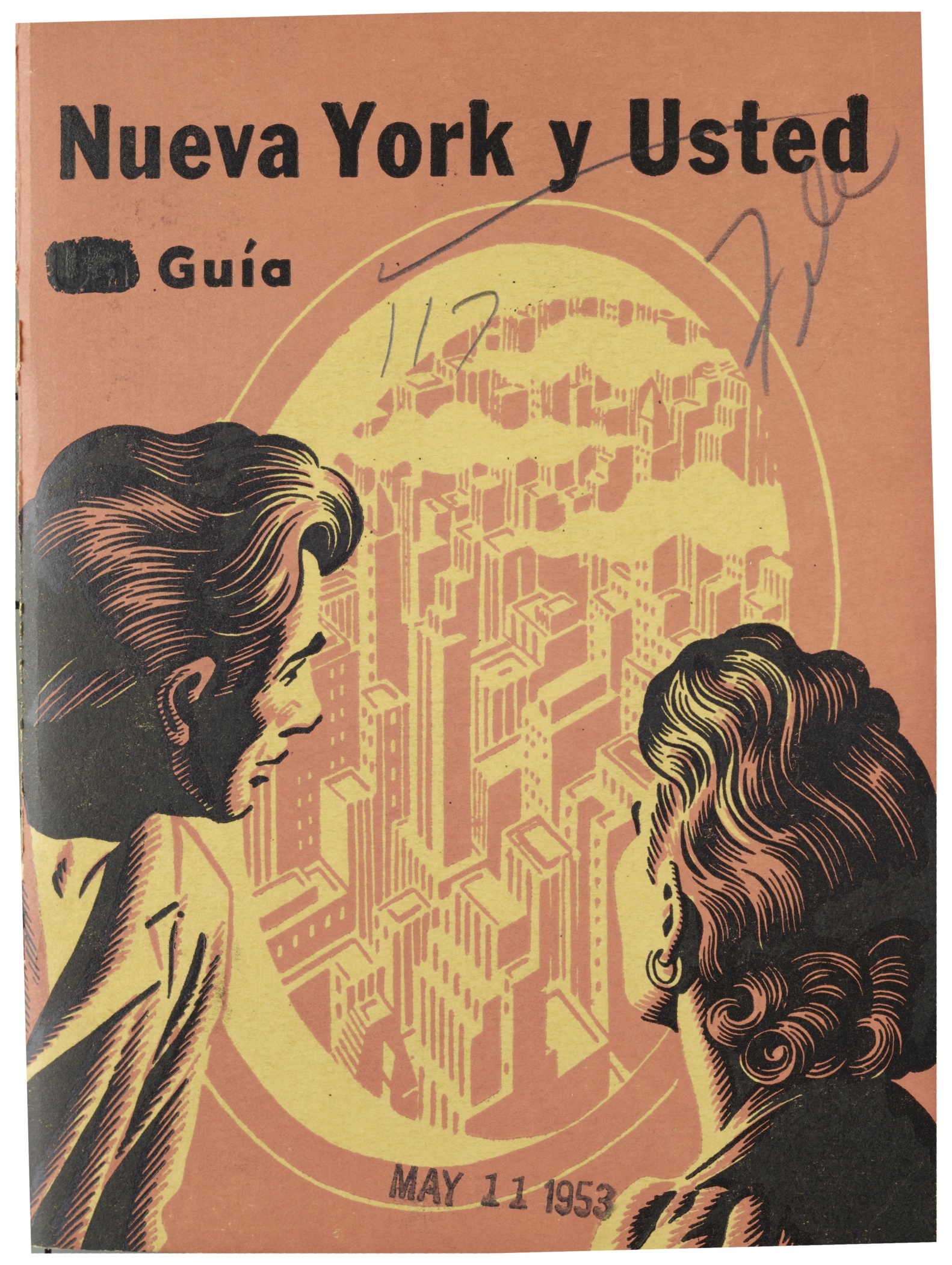 Orange cover of guidebook "Nueva York y Usted" showing a drawing of a man and woman looking out a window at several skyscrapers.