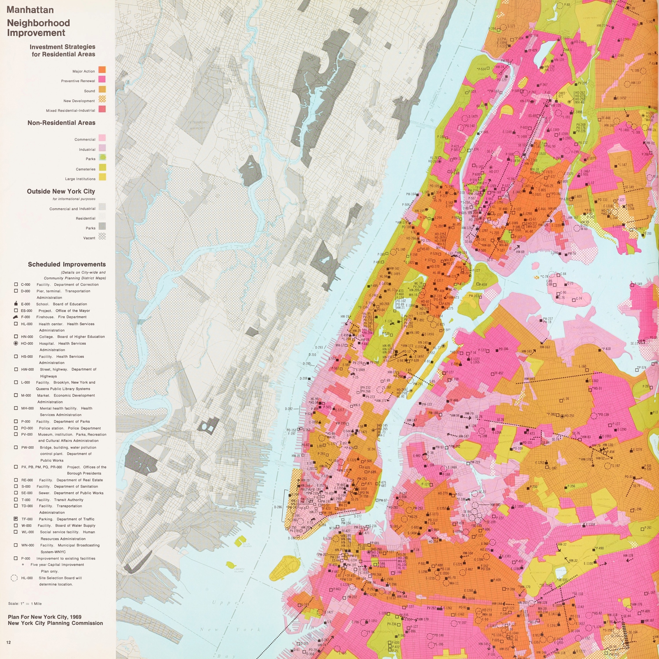 Colorful planning map of New York City neighborhoods displaying zoning and scheduled improvements plans