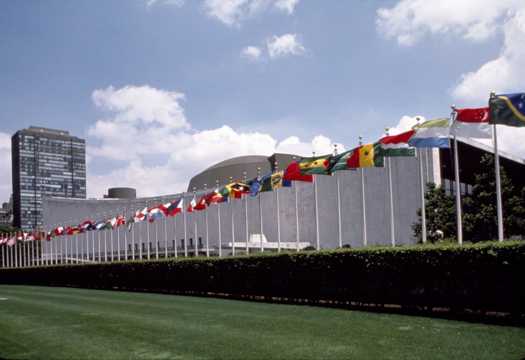 Photograph showing the United Nations building with a display of flags in the front.