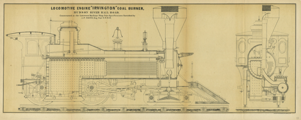 Technical drawing of a coal-burning locomotive engine showing front and profile views of the train car.