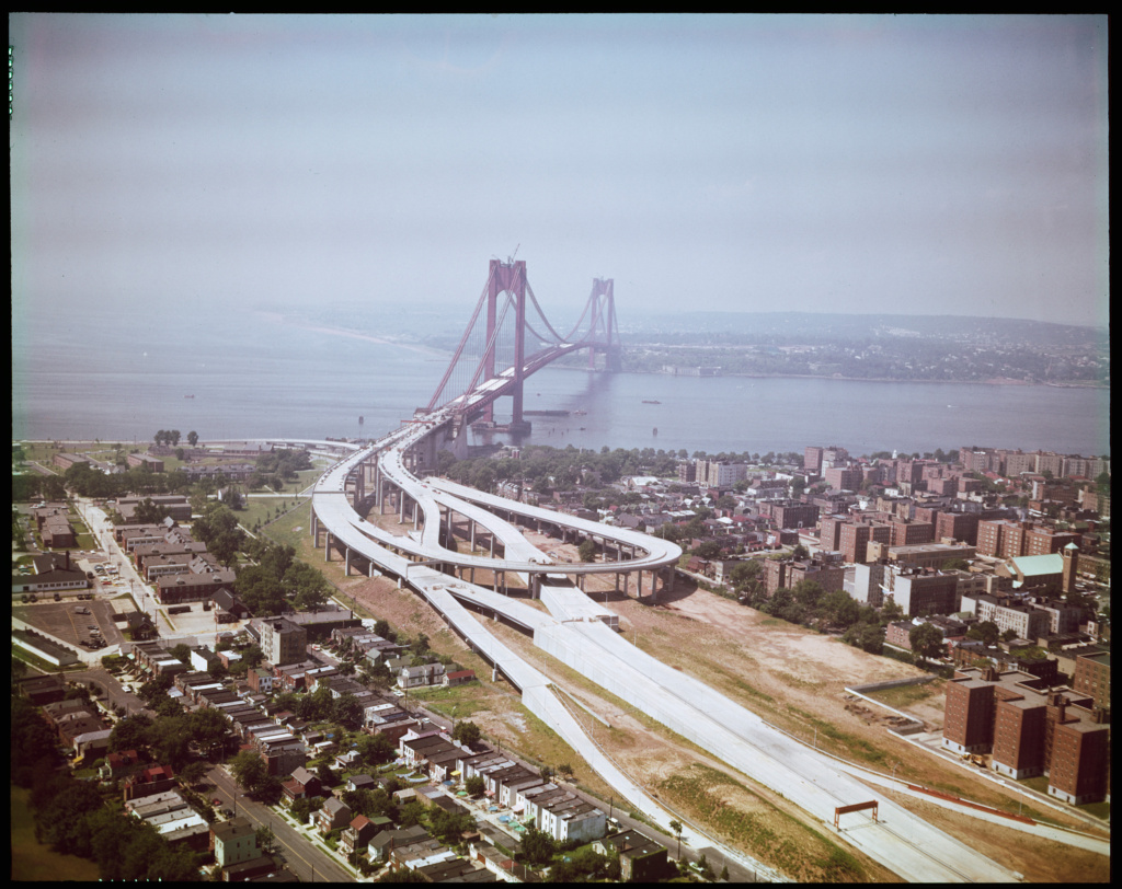 Aerial photograph of the construction of the Verrazzano Narrows Bridge, c. 1962-1964.