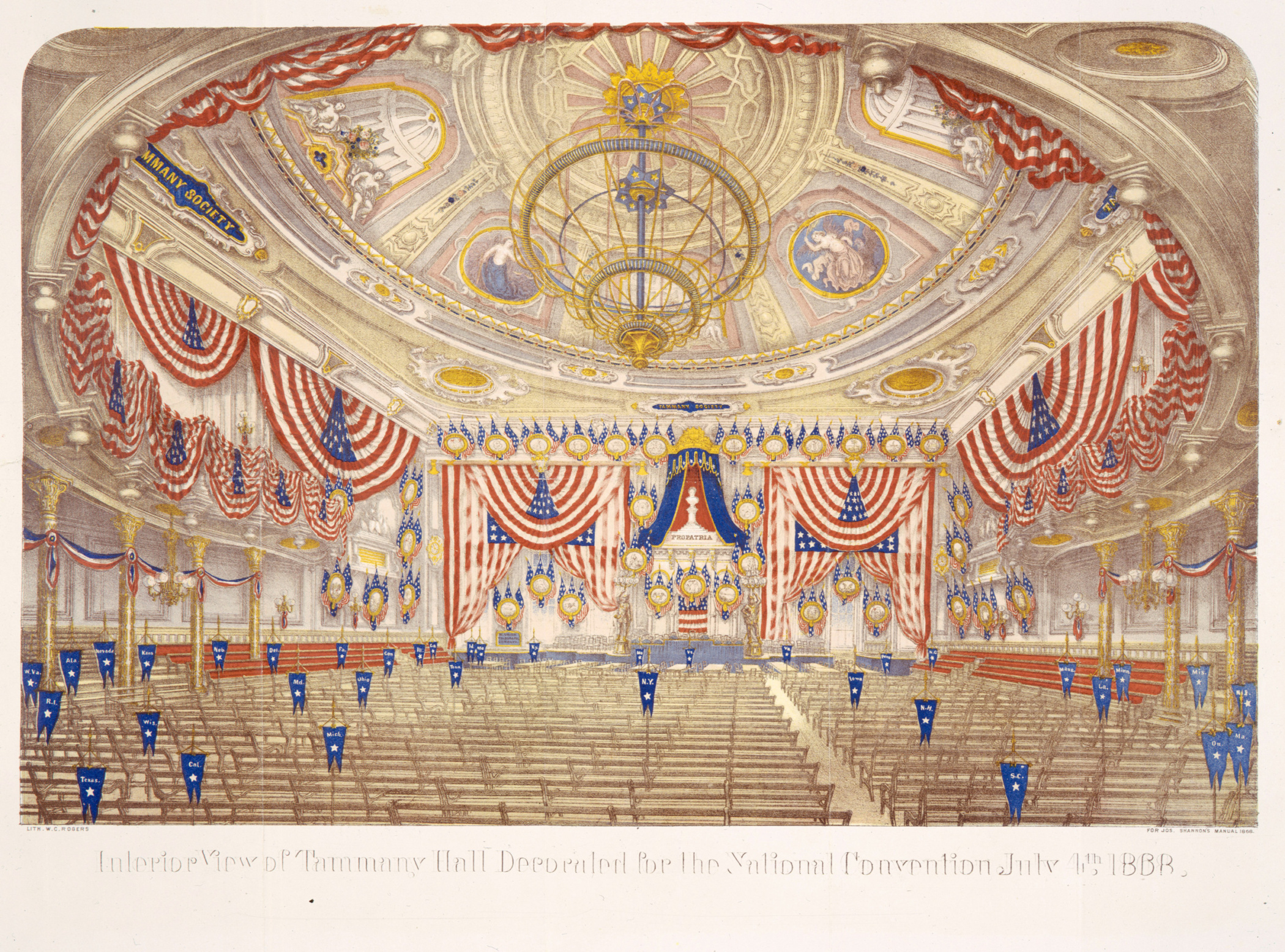 Illustrated drawing showing the interior of Tammany Hall decorated with bunting and American flags.